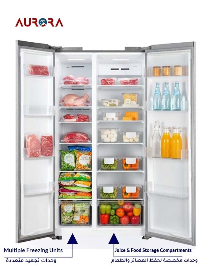 اورورا ثلاجة جنبًا إلى جنب بسعة 612 لترًا (21.6 قدم مكعب) مع ضمان 7 سنوات على الضاغط، ونظام منع تكوّن الثلج بتحكم كهربائي، وإضاءة LED، و5 أرفف للثلاجة و5 أرفف للفريزر، وتصنيف طاقة D، وتصميم داخلي أزرق أنيق، وتشطيب من الفولاذ المقاوم للصدأ | اسم الموديل: AR-840SNFT - Image 2